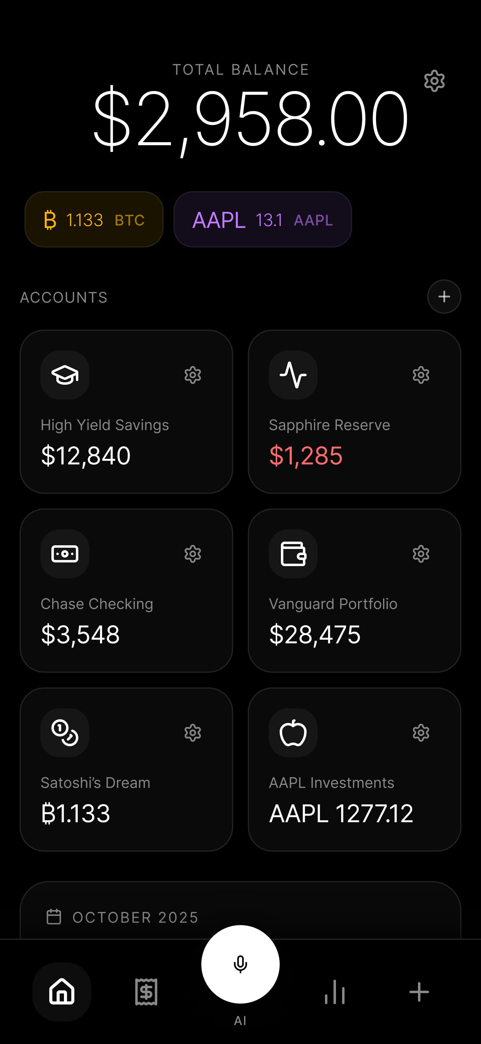 Budgie mobile app interface showing balance overview with multi-currency bank accounts including Monobank cards and various account types