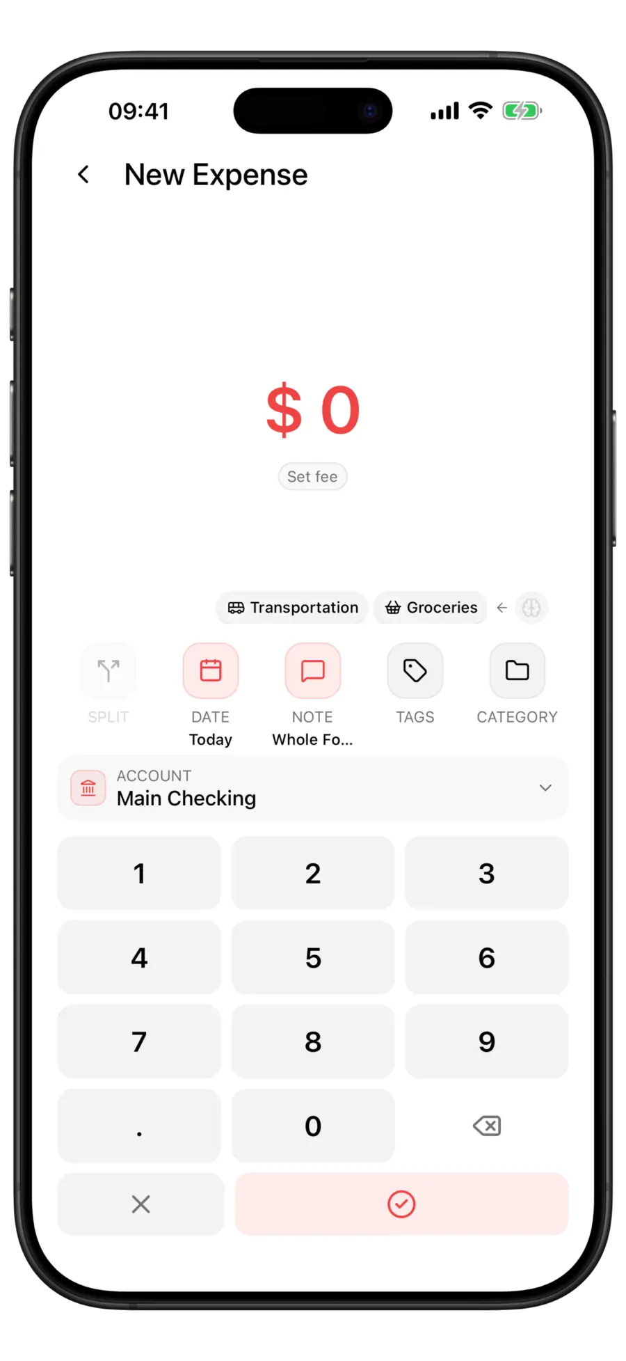 Budgie new expense screen suggesting Transportation and Groceries categories above the amount keypad