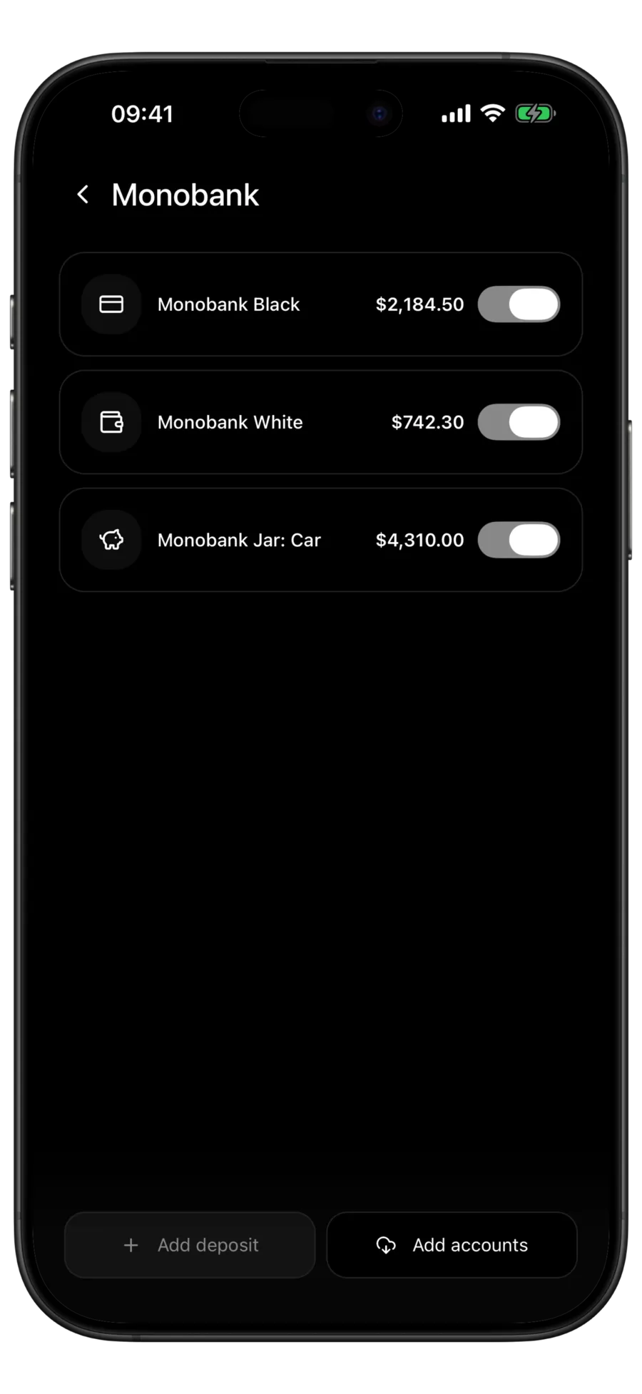 Budgie Monobank screen listing two cards and a car jar, each with a balance and a switch