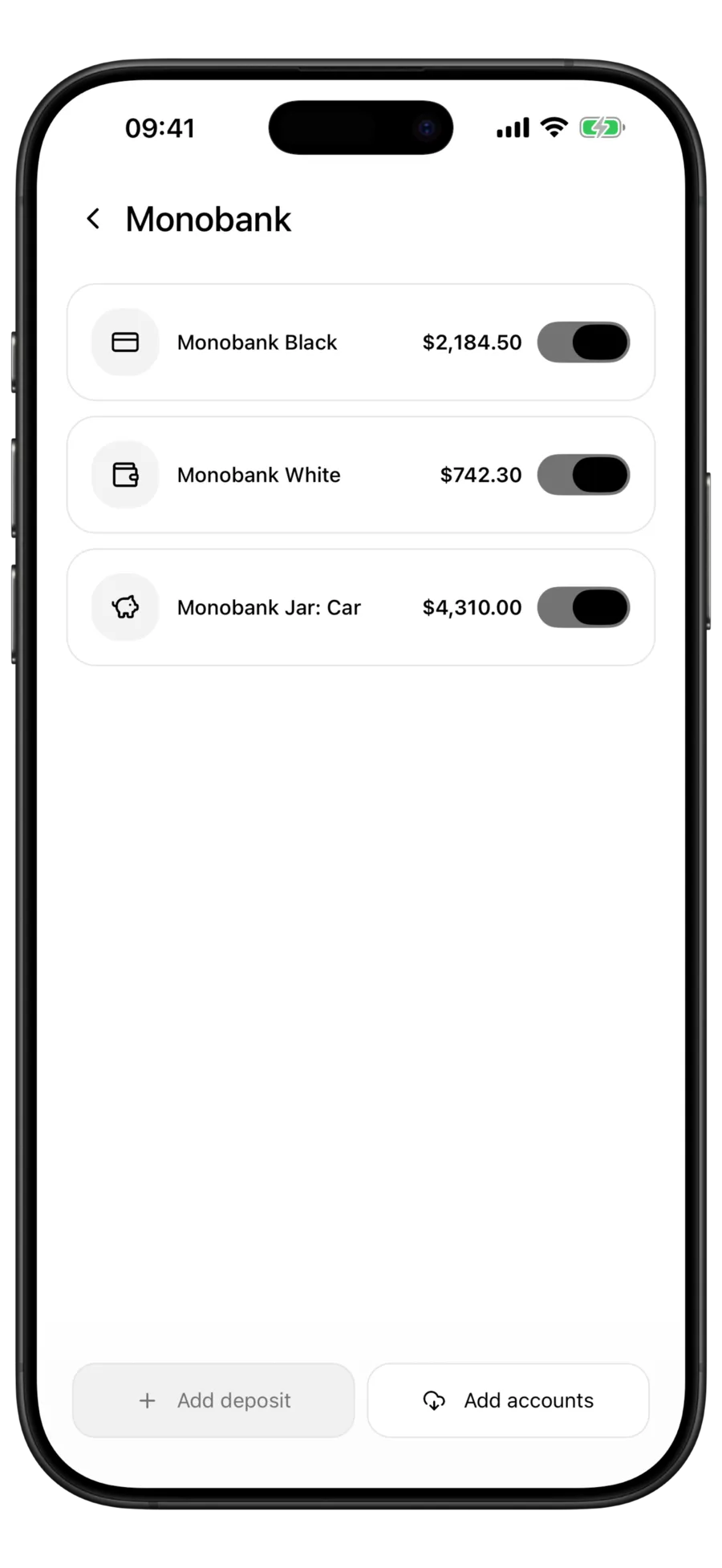 Budgie Monobank screen listing two cards and a car jar, each with a balance and a switch