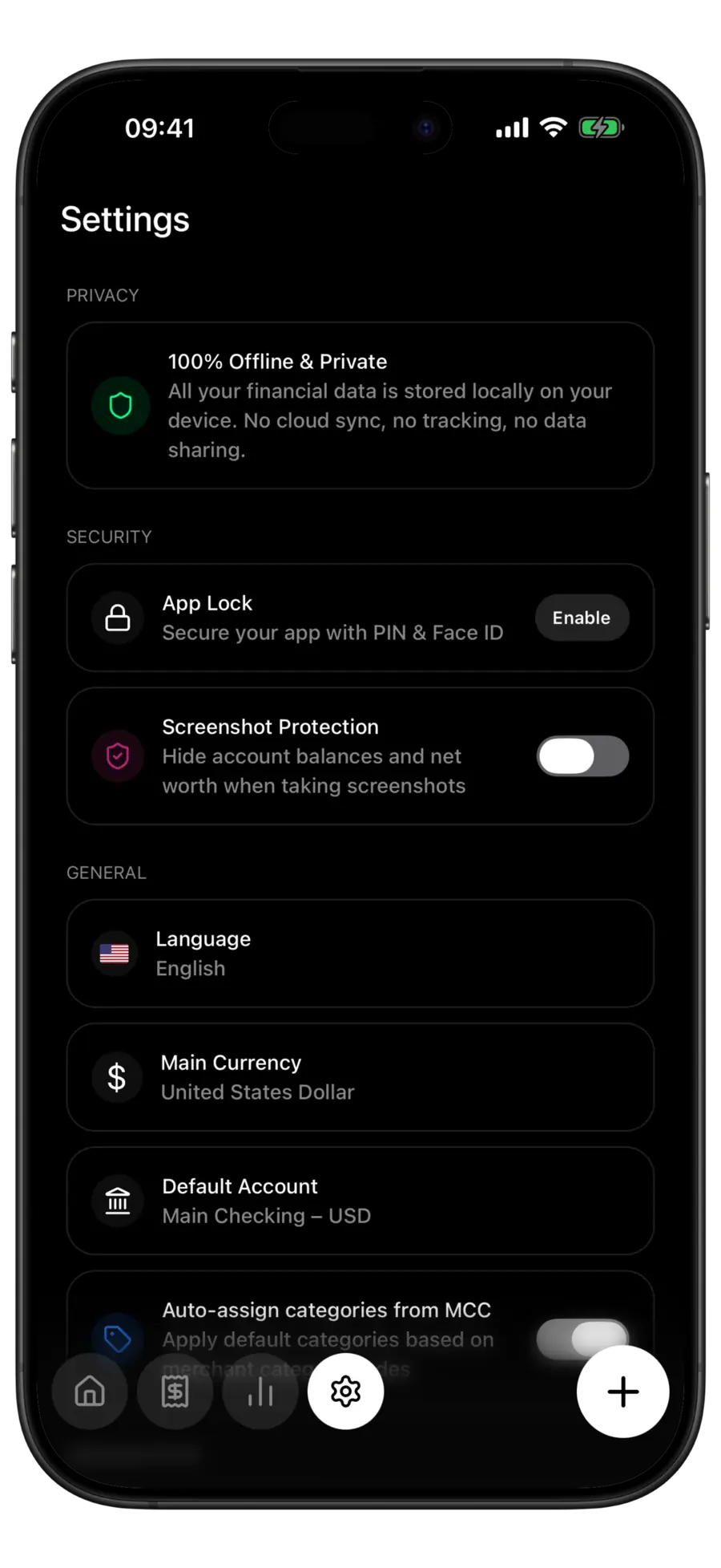 Budgie Settings screen with a Privacy card stating all financial data is stored locally on the device
