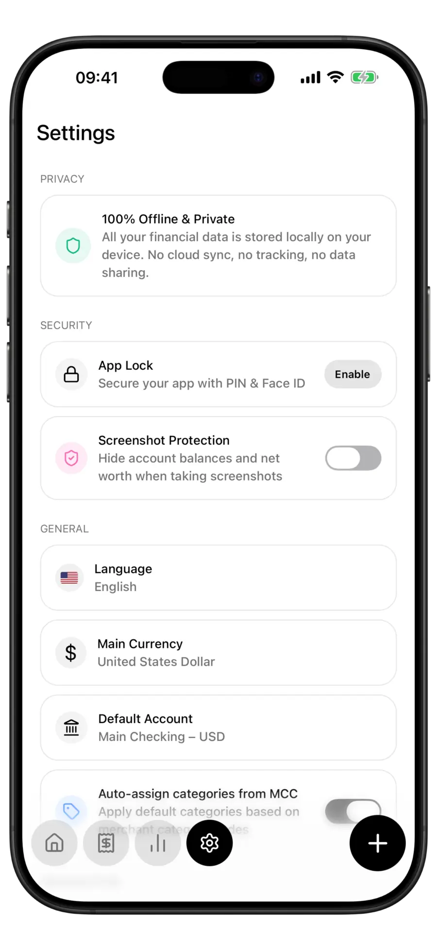 Budgie Settings screen with a Privacy card stating all financial data is stored locally on the device
